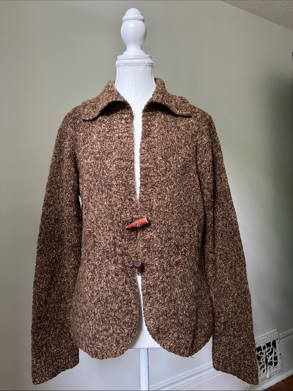 VILLAGER Y2K Wool Blend Brown‎ Cottagecore Warm Knit Collared Cardigan XL